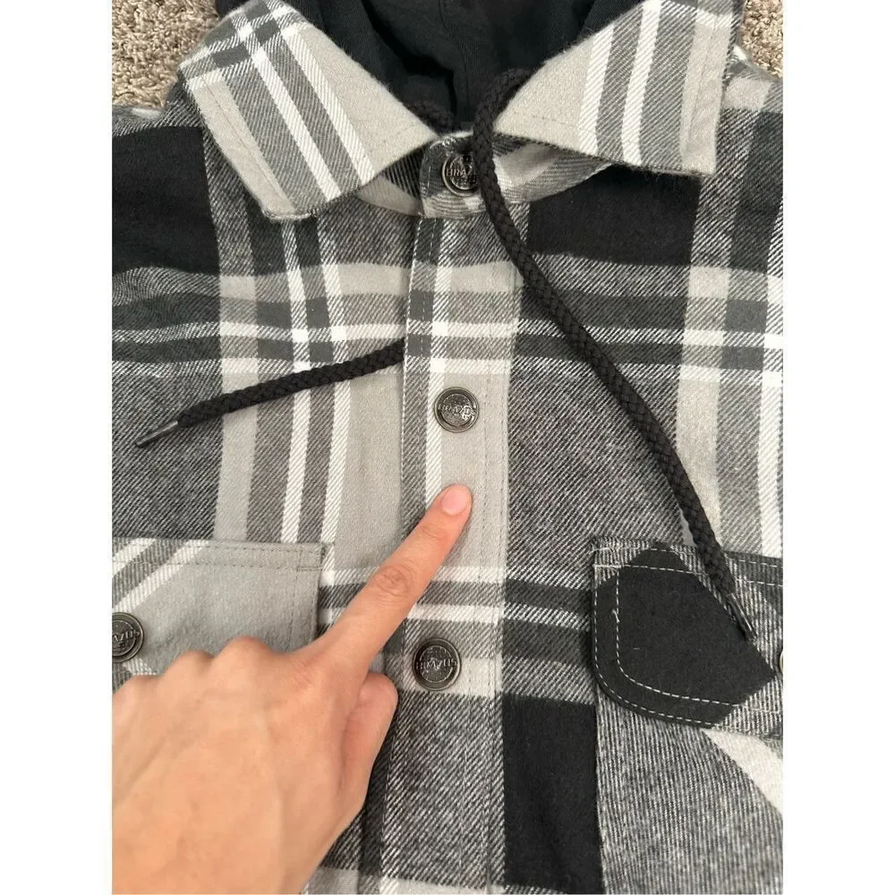 Brazos Men’s M Blacksmith Insulated Hooded Jacket Flannel Plaid Black/Gray Snaps